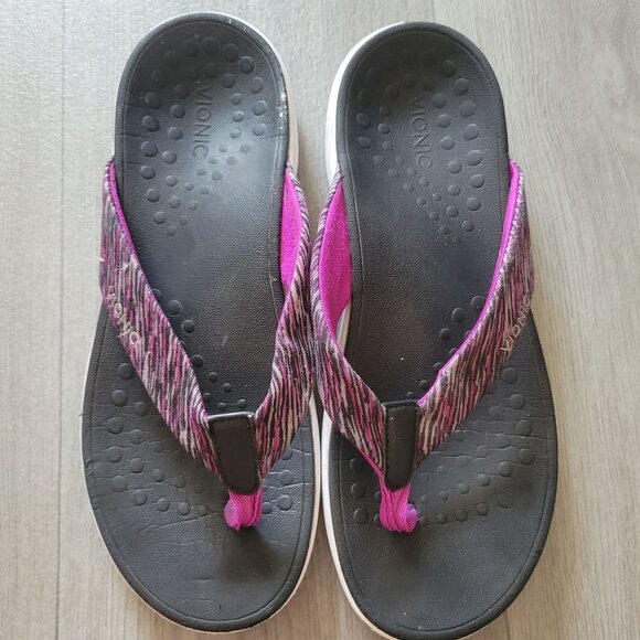 Vionic Womens Thong Sandals Size 8 Black & Pink With Textured Footbed - Picture 1 of 6